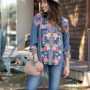 Blue, floral, striped button up top